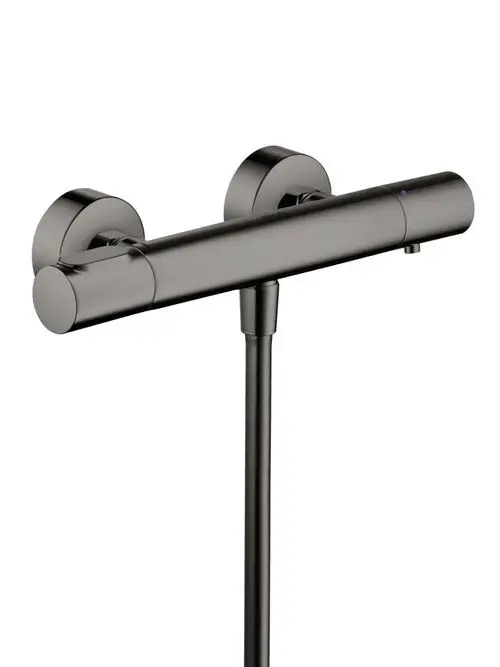 Thermostat von AXOR in poliertem Schwarzchrom, bestehend aus einer horizontalen Einheit mit zwei runden Wandanschlüssen und einem zentralen Auslauf.